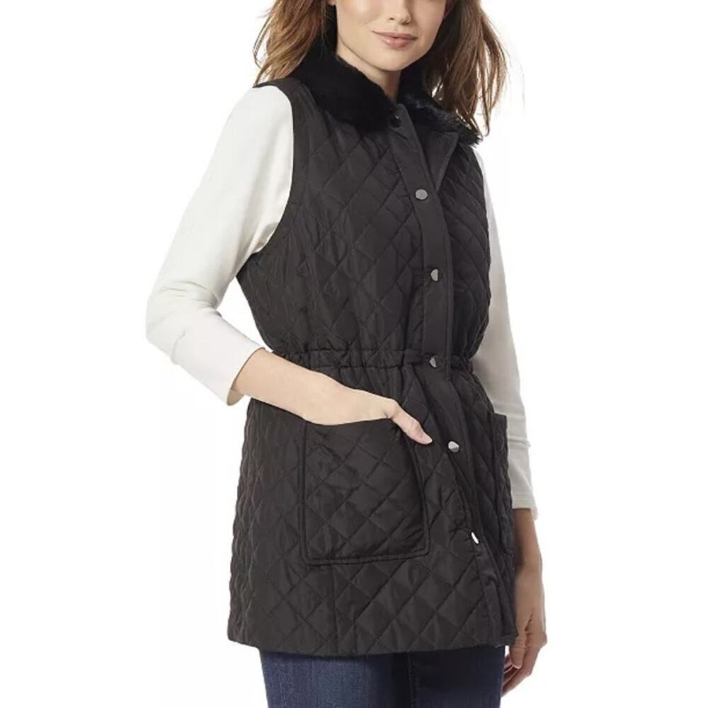 Jones New York Signature Black Women's Faux-Fur Collar Quilted Long Vest L NWOT